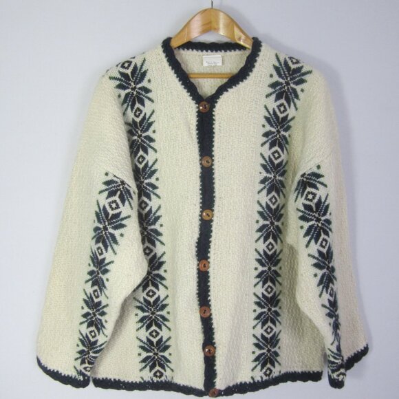 Yarina Ecuador Unisex L Ivory Navy Wool Cardigan Sweater Snowflake 50" Coat - Picture 1 of 12